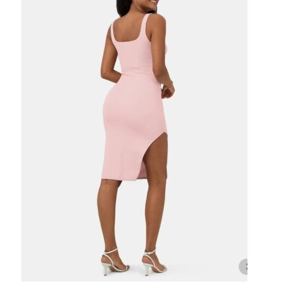 Halara Ribbed Knit Square Neck Split Hem Bodycon Midi Dress Pink Womens L NWT - Picture 2 of 8